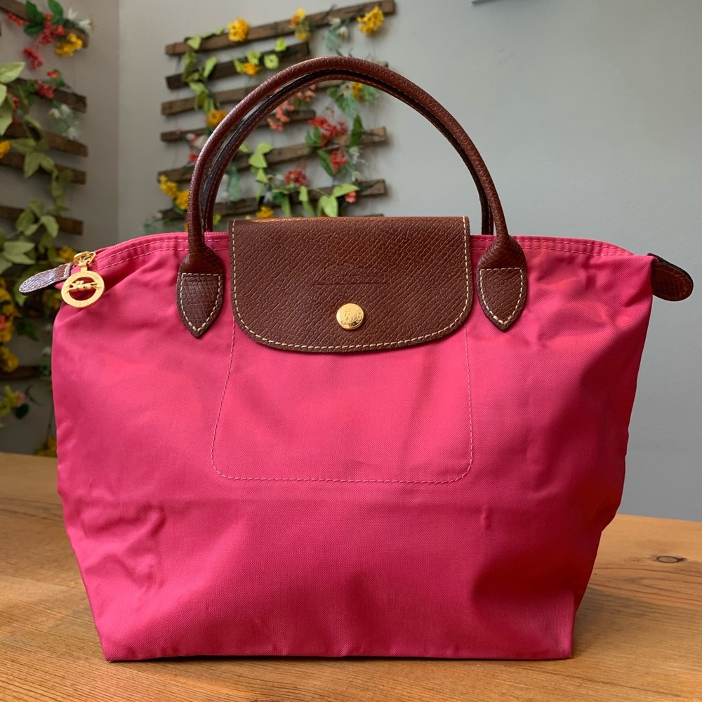 Longchamp Small Le Pliage Pink with Brown Leather Trim